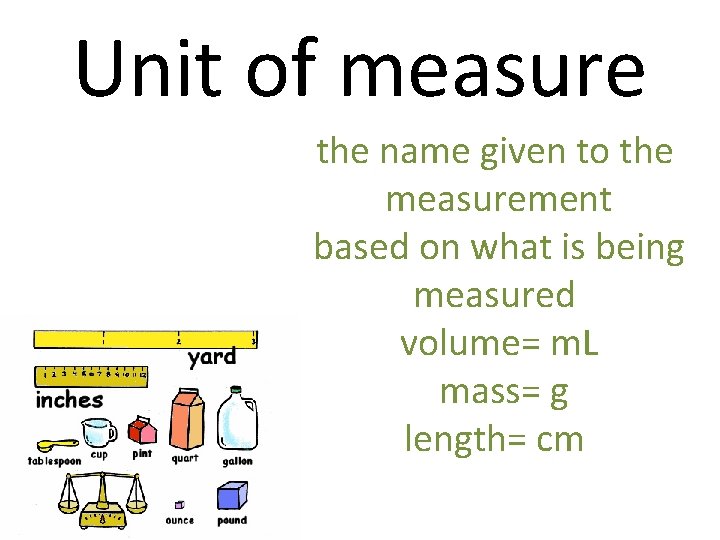 Unit of measure the name given to the measurement based on what is being