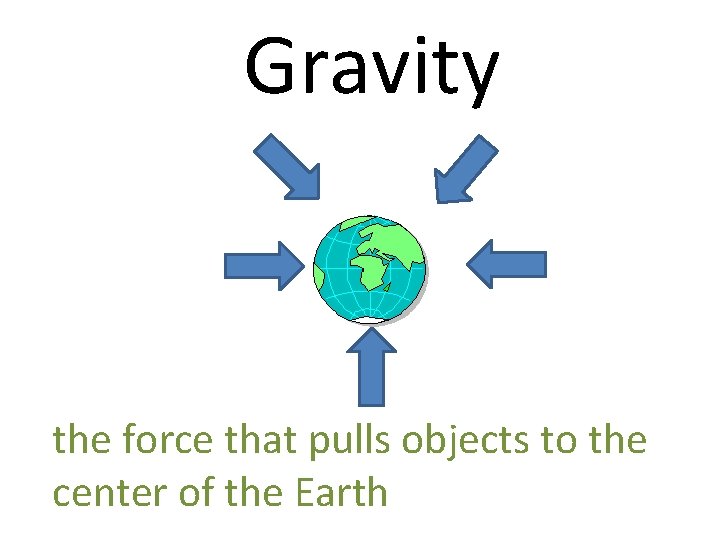 Gravity the force that pulls objects to the center of the Earth 