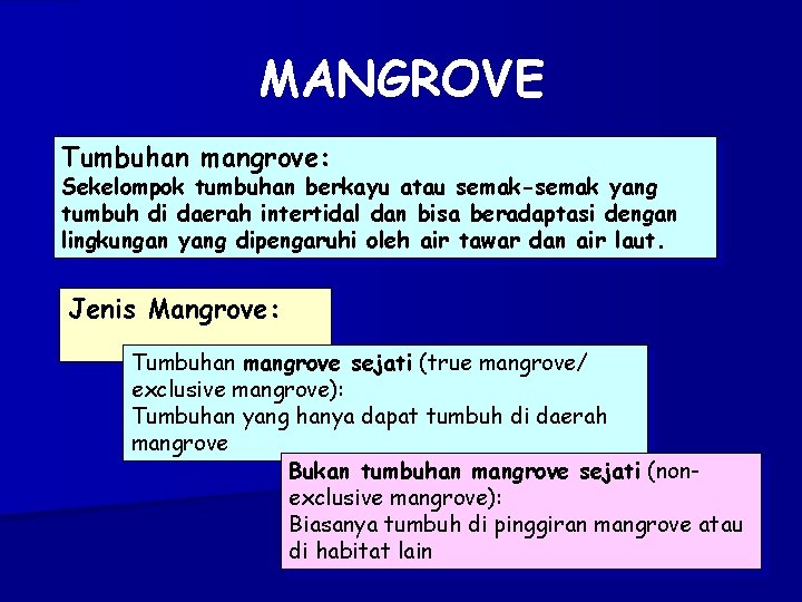 MANGROVE Tumbuhan mangrove: Sekelompok tumbuhan berkayu atau semak-semak yang tumbuh di daerah intertidal dan