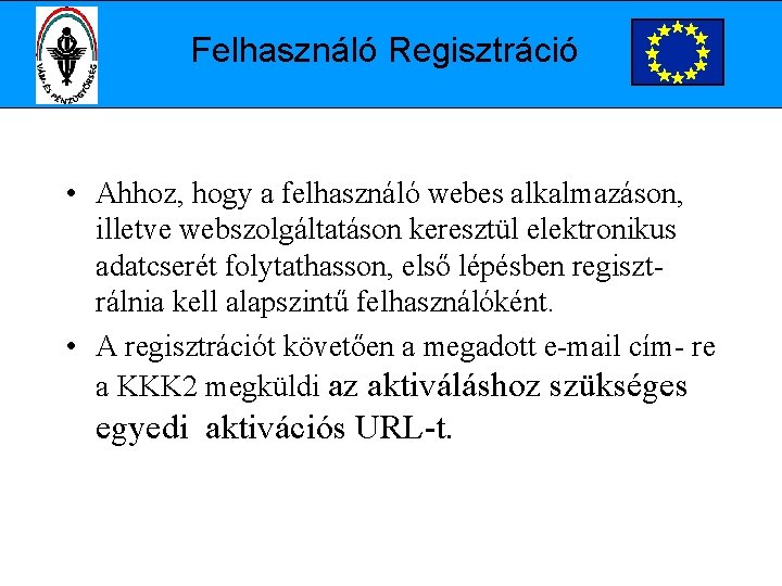 Felhasználó Regisztráció • Ahhoz, hogy a felhasználó webes alkalmazáson, illetve webszolgáltatáson keresztül elektronikus adatcserét