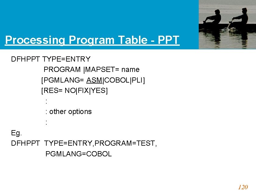 Processing Program Table - PPT DFHPPT TYPE=ENTRY PROGRAM |MAPSET= name [PGMLANG= ASM|COBOL|PLI] [RES= NO|FIX|YES]