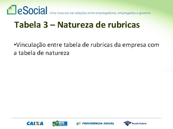 Tabela 3 – Natureza de rubricas • Vinculação entre tabela de rubricas da empresa