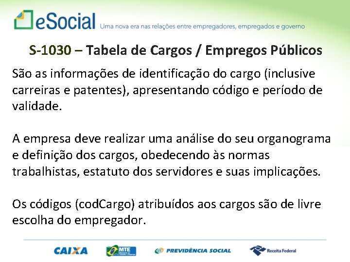 S-1030 – Tabela de Cargos / Empregos Públicos São as informações de identificação do