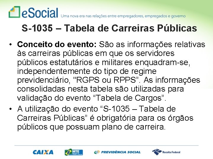 S-1035 – Tabela de Carreiras Públicas • Conceito do evento: São as informações relativas