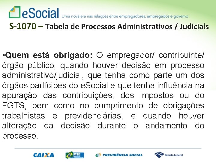 S-1070 – Tabela de Processos Administrativos / Judiciais • Quem está obrigado: O empregador/