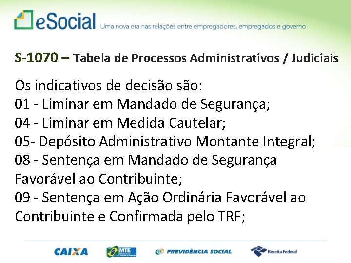 S-1070 – Tabela de Processos Administrativos / Judiciais Os indicativos de decisão são: 01