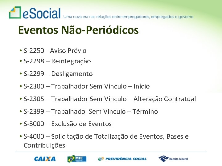 Eventos Não-Periódicos • S-2250 - Aviso Prévio • S-2298 – Reintegração • S-2299 –