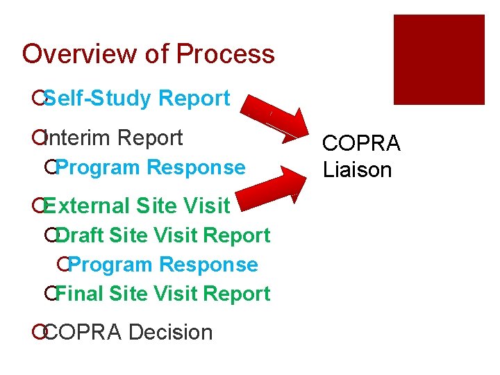 Overview of Process ¡Self-Study Report ¡Interim Report ¡Program Response ¡External Site Visit ¡Draft Site