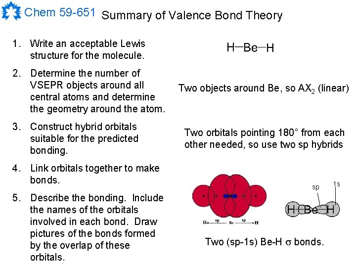 Chem 59 -651 Summary of Valence Bond Theory 1. Write an acceptable Lewis structure