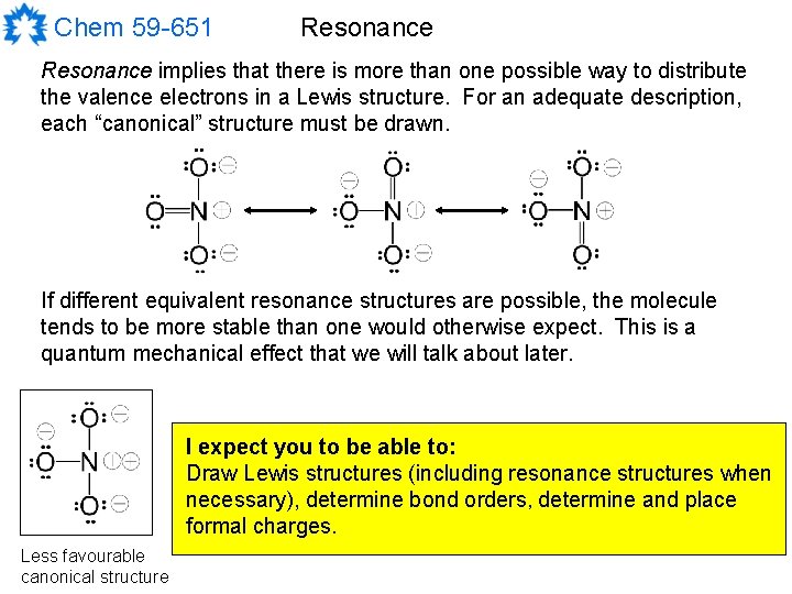 Chem 59 -651 Resonance implies that there is more than one possible way to