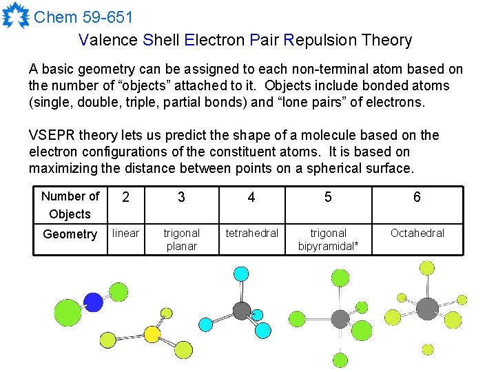 Chem 59 -651 Valence Shell Electron Pair Repulsion Theory A basic geometry can be
