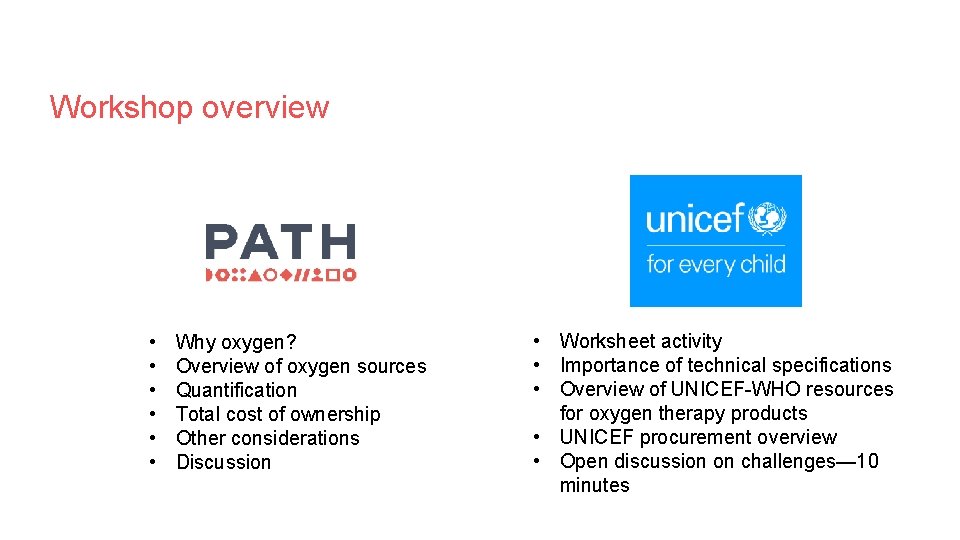 Workshop overview • • • Why oxygen? Overview of oxygen sources Quantification Total cost