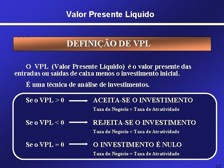 Valor Presente Líquido DEFINIÇÃO DE VPL O VPL (Valor Presente Líquido) é o valor