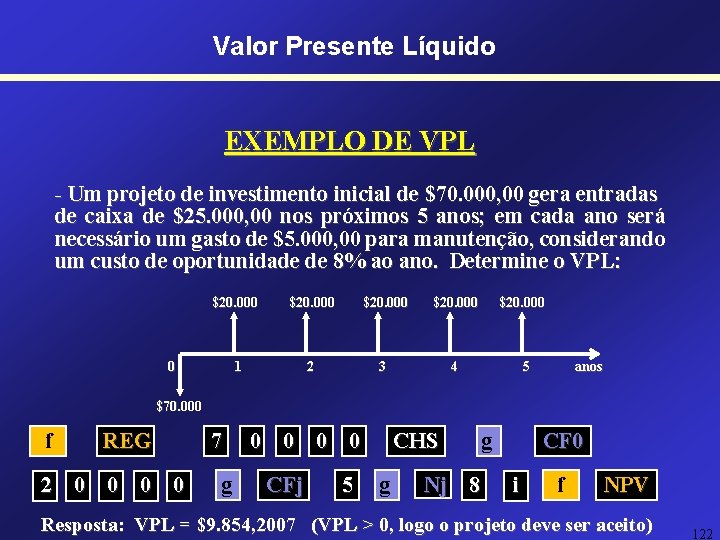 Valor Presente Líquido EXEMPLO DE VPL - Um projeto de investimento inicial de $70.