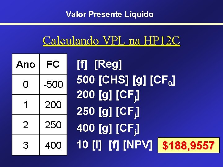 Valor Presente Líquido Calculando VPL na HP 12 C Ano FC 0 -500 1