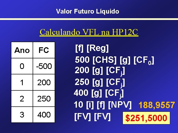 Valor Futuro Líquido Calculando VFL na HP 12 C Ano FC 0 -500 1