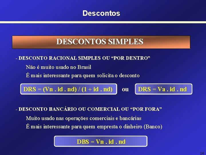 Descontos DESCONTOS SIMPLES - DESCONTO RACIONAL SIMPLES OU “POR DENTRO” Não é muito usado