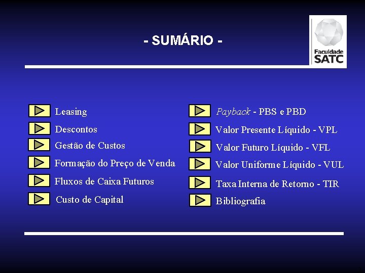 - SUMÁRIO - Leasing Payback - PBS e PBD Descontos Valor Presente Líquido -