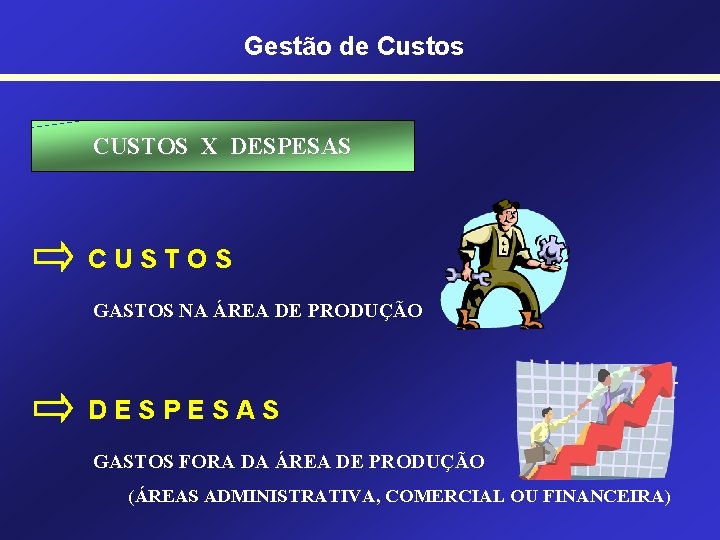 Gestão de Custos CUSTOS X DESPESAS CUSTOS GASTOS NA ÁREA DE PRODUÇÃO DESPESAS GASTOS