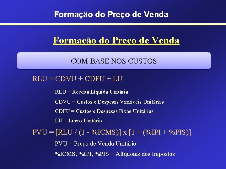 Formação do Preço de Venda COM BASE NOS CUSTOS RLU = CDVU + CDFU