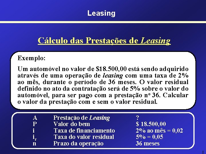 Leasing Cálculo das Prestações de Leasing Exemplo: Um automóvel no valor de $18. 500,