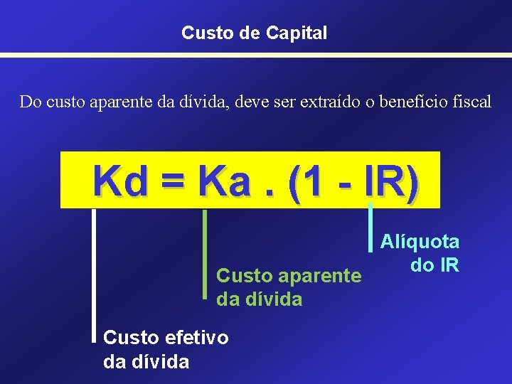 Custo de Capital Do custo aparente da dívida, deve ser extraído o benefício fiscal