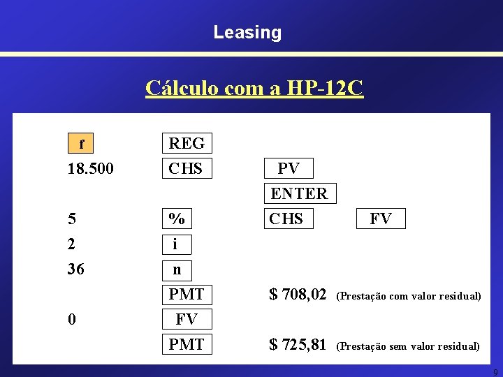 Leasing Cálculo com a HP-12 C 18. 500 REG CHS 5 2 36 %