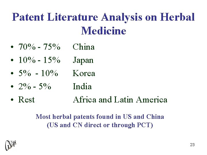 Patent Literature Analysis on Herbal Medicine • • • 70% - 75% 10% -