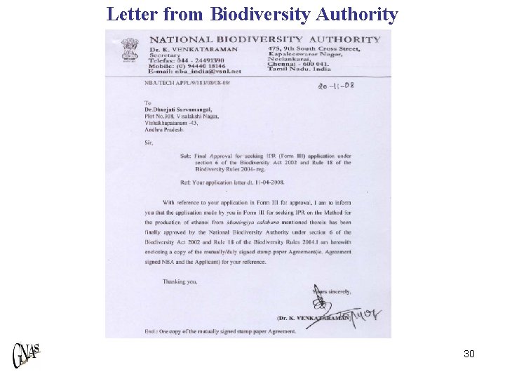 Letter from Biodiversity Authority 30 