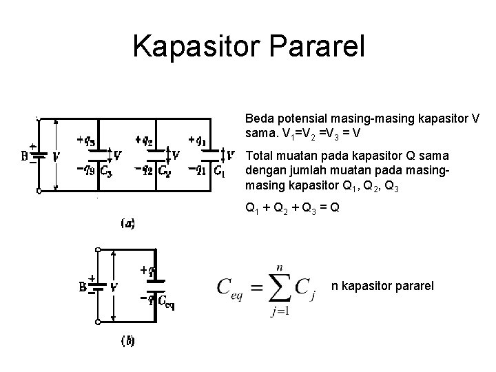 Kapasitor Pararel Beda potensial masing-masing kapasitor V sama. V 1=V 2 =V 3 =