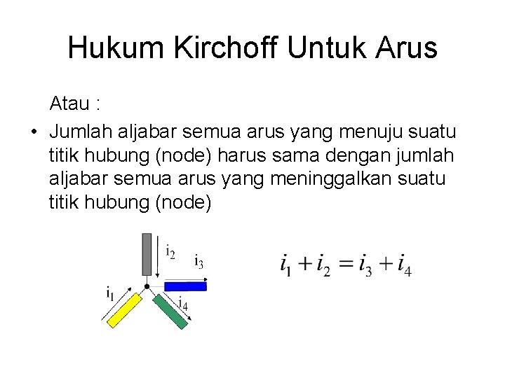 Hukum Kirchoff Untuk Arus Atau : • Jumlah aljabar semua arus yang menuju suatu