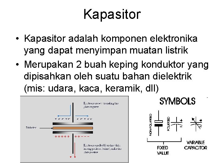 Kapasitor • Kapasitor adalah komponen elektronika yang dapat menyimpan muatan listrik • Merupakan 2
