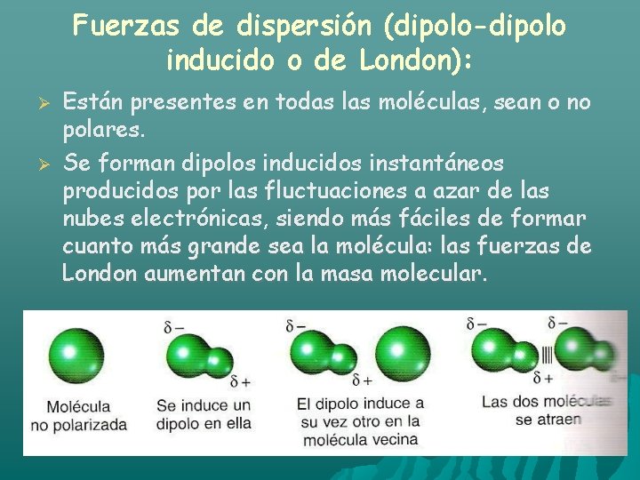 Fuerzas de dispersión (dipolo-dipolo inducido o de London): Están presentes en todas las moléculas,