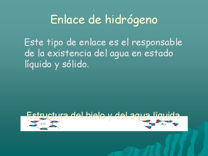 Enlace de hidrógeno Este tipo de enlace es el responsable de la existencia del
