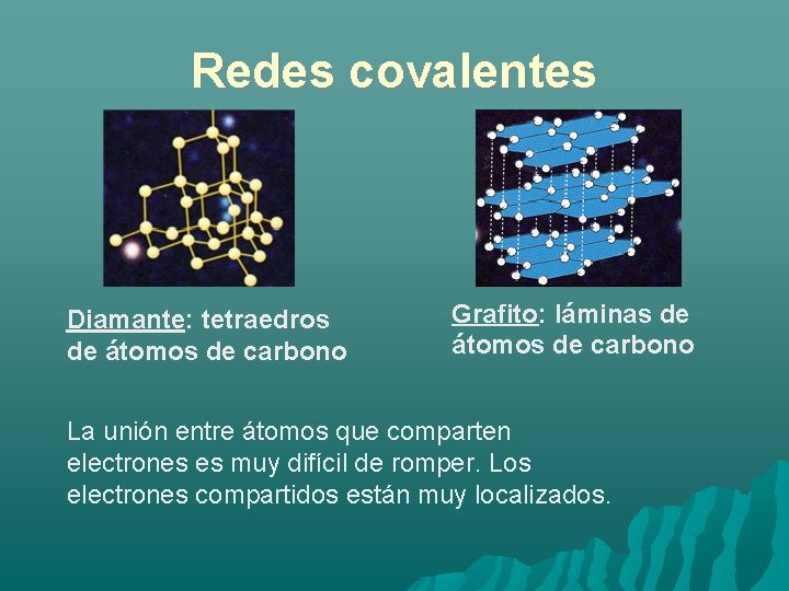 Redes covalentes Diamante: tetraedros de átomos de carbono Grafito: láminas de átomos de carbono