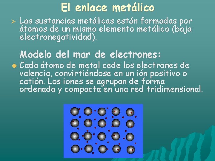 El enlace metálico Las sustancias metálicas están formadas por átomos de un mismo elemento