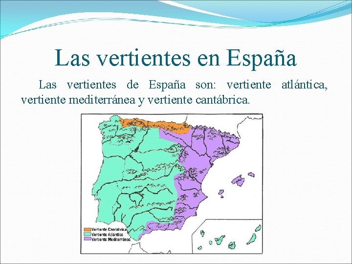 Las vertientes en España Las vertientes de España son: vertiente atlántica, vertiente mediterránea y