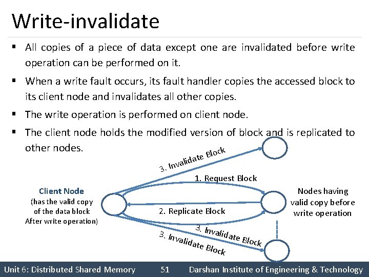 Write-invalidate § All copies of a piece of data except one are invalidated before