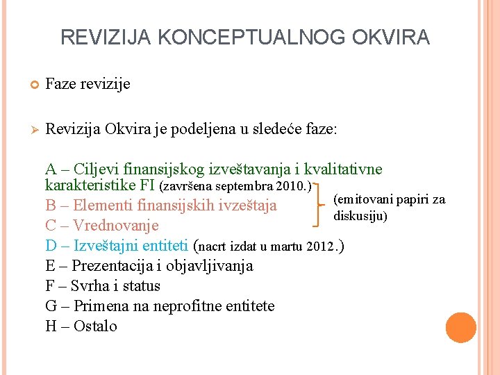 REVIZIJA KONCEPTUALNOG OKVIRA Faze revizije Ø Revizija Okvira je podeljena u sledeće faze: A