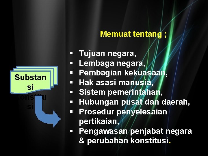 Memuat tentang ; Substan si Konstitu si Tujuan negara, Lembaga negara, Pembagian kekuasaan, Hak