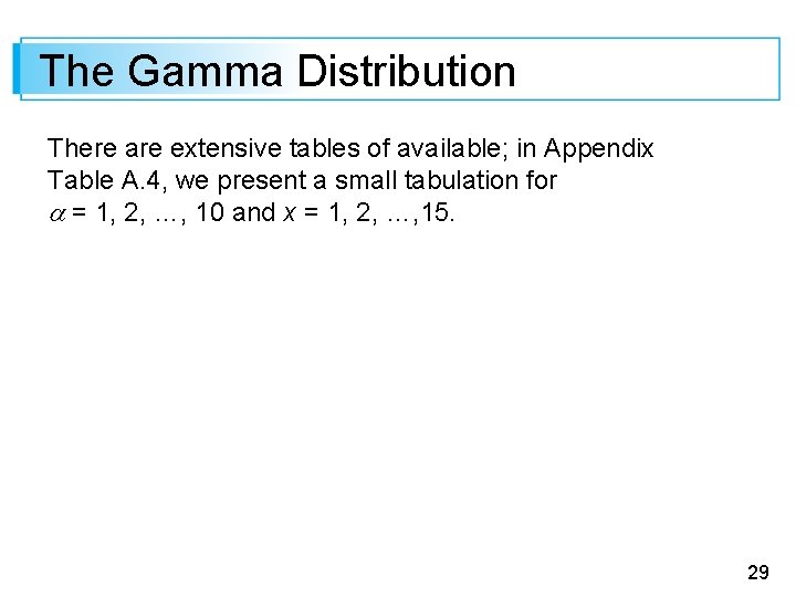 The Gamma Distribution There are extensive tables of available; in Appendix Table A. 4,