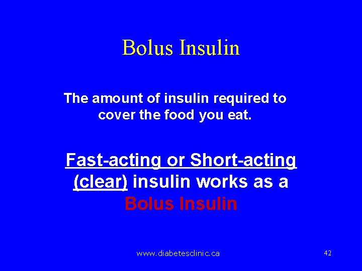 Bolus Insulin The amount of insulin required to cover the food you eat. Fast-acting