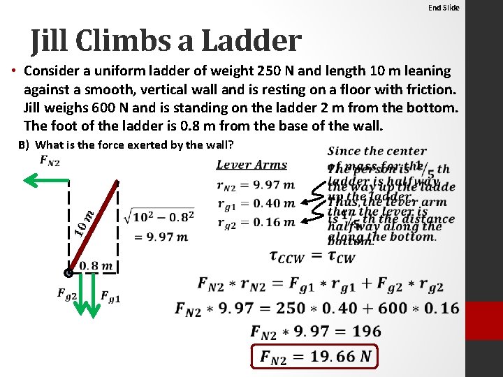 End Slide Jill Climbs a Ladder • Consider a uniform ladder of weight 250