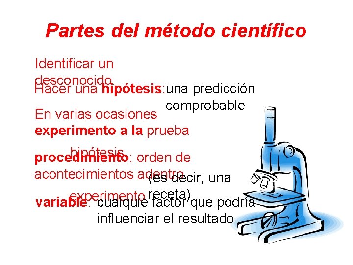 Partes del método científico Identificar un desconocido. Hacer una hipótesis: una predicción comprobable En