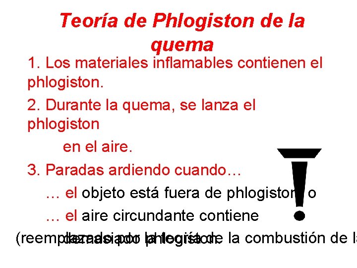 Teoría de Phlogiston de la quema 1. Los materiales inflamables contienen el phlogiston. 2.