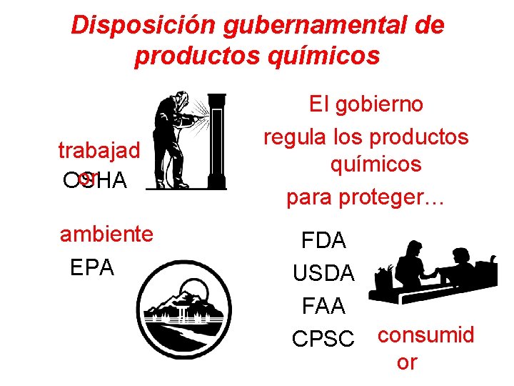 Disposición gubernamental de productos químicos trabajad or OSHA ambiente EPA El gobierno regula los