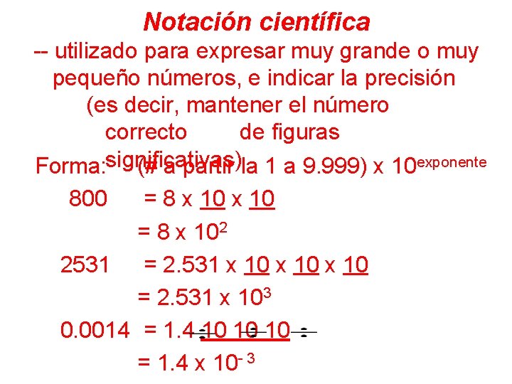 Notación científica -- utilizado para expresar muy grande o muy pequeño números, e indicar