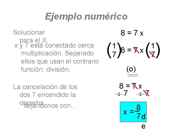 Ejemplo numérico Solucionar para el X. x y 7 está conectado cerca multiplicación. Separado