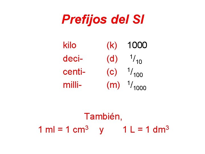 Prefijos del SI kilo decicentimilli- (k) 1000 (d) 1/10 (c) 1/100 (m) 1/1000 También,