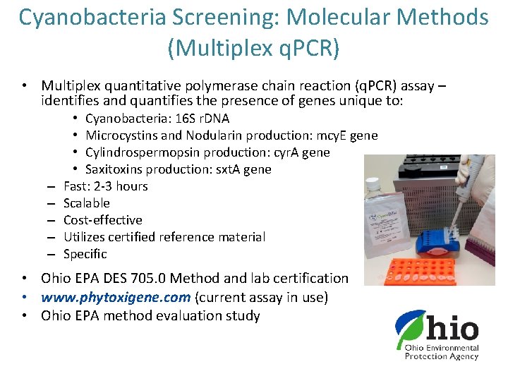 Cyanobacteria Screening: Molecular Methods (Multiplex q. PCR) • Multiplex quantitative polymerase chain reaction (q.